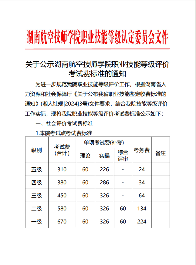 关于公示湖南航空技师半岛在线注册职业技能等级评价考试费标准的通知